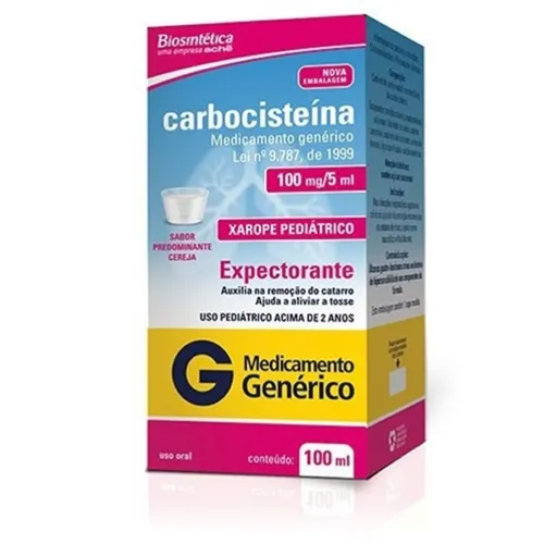Carbocisteína Biosintética 20mg/mL, caixa com 1 frasco com 100mL de xarope + 1 copo medidor