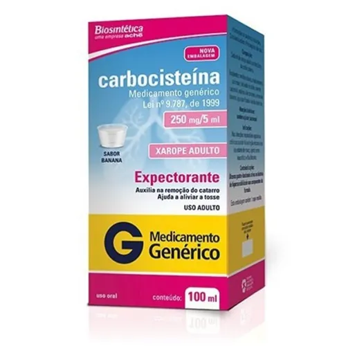 Carbocisteína Biosintética 50mg/mL, caixa com 1 frasco com 100mL de xarope + 1 copo medidor