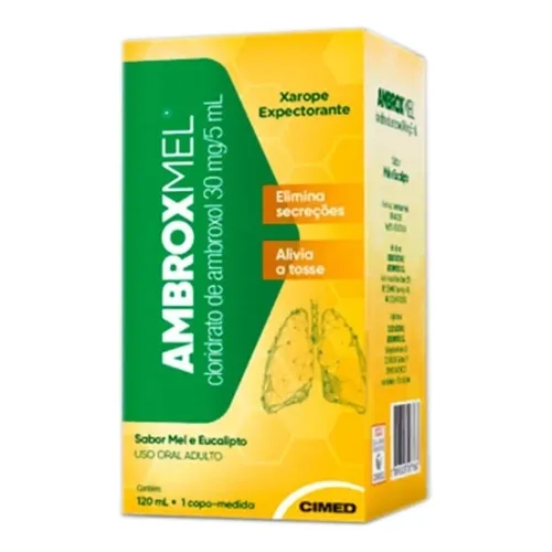 Ambroxmel 6mg/mL, caixa com 1 frasco com 120mL de xarope adulto, mel/eucalipto