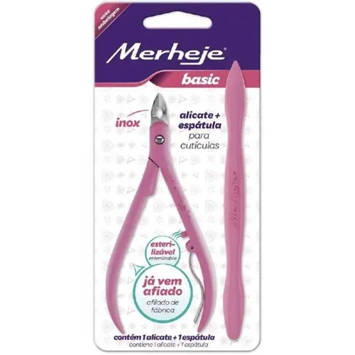 Alicate de Cutícula Merheje Basic rosa + grátis, espátula
