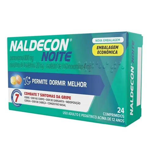 Naldecon Noite 400mg + 20mg + 400mg + 4mg, caixa com 24 comprimidos