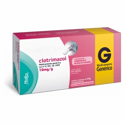 Clotrimazol Creme Ginecológico Medley 10mg/g, caixa com 1 bisnaga com 35g de creme de uso ginecológico + 6 aplicadores