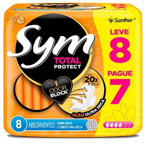 Absorvente Sym 360º seca, com abas, leve 8 pague 7