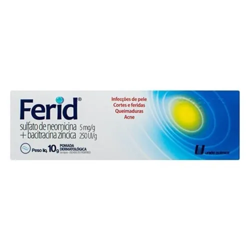 Ferid 5mg/g + 250UI/g, caixa com 1 bisnaga com 10g de pomada de uso dermatológico