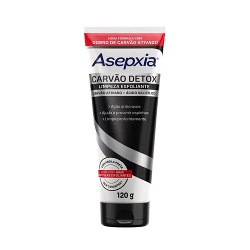 Asepxia Limpeza Esfoliante CARVÃO DETOX, Ação ANTICRAVOS, com Argila Preta e Ácido Salicílico 2%, 120g