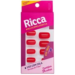 Unha Postiça Ricca Autoadesiva quadrado, curto, vermelho paixão, 24 unidades
