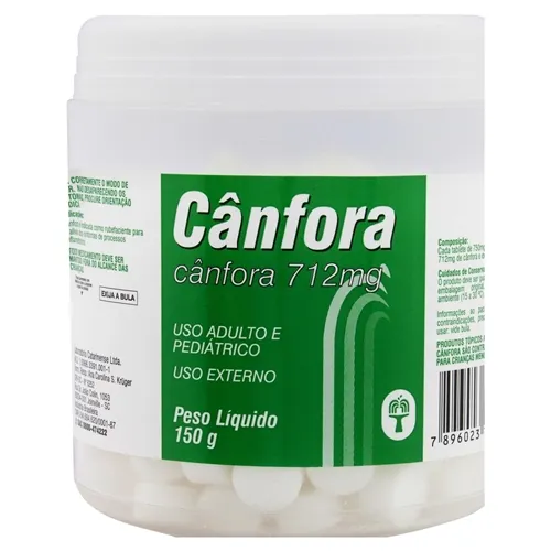 Cânfora 712mg, caixa com 150g de tabletes de uso dermatológico